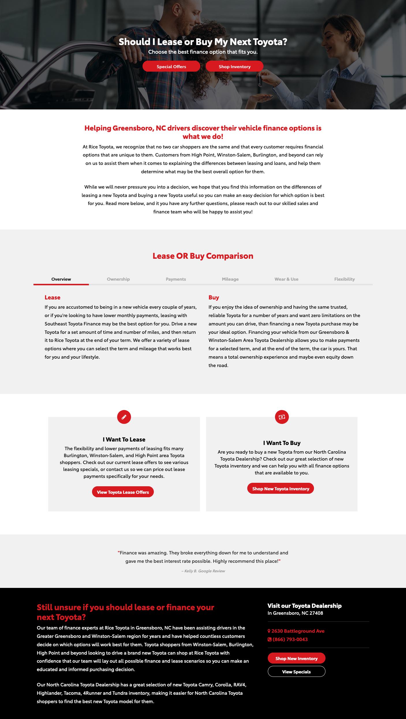 Full page layout of Lease Vs Buy Page